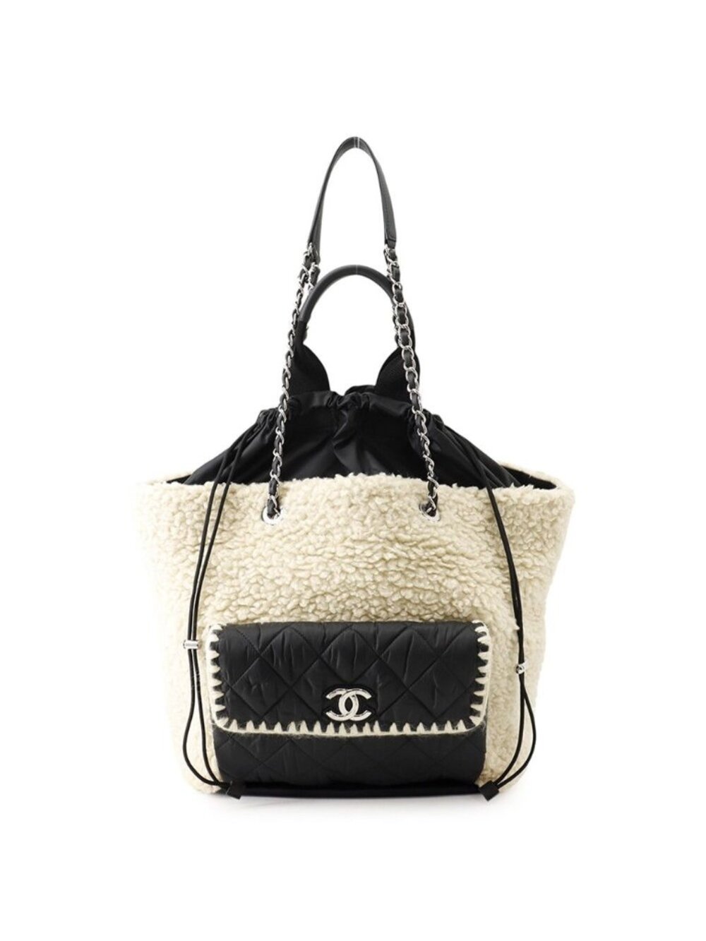 Chanel Tote Coco Neige Quilted CC Logo Fleece Drawstring Shearling Nylon 2-Way